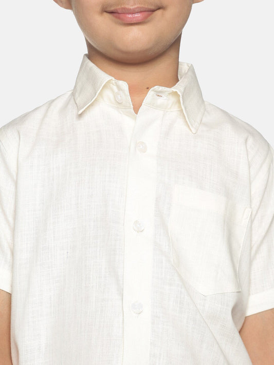 Sethukrishna Boys Cream-Coloured & White Solid Shirt and Veshti Set