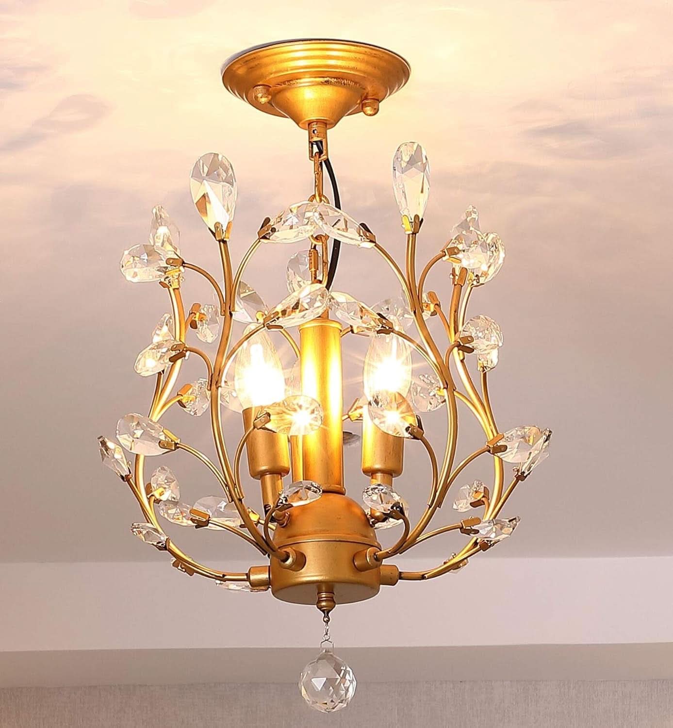 Gold Three Light Crystal Chandelier Ceiling Fixture With Adjustable Chain