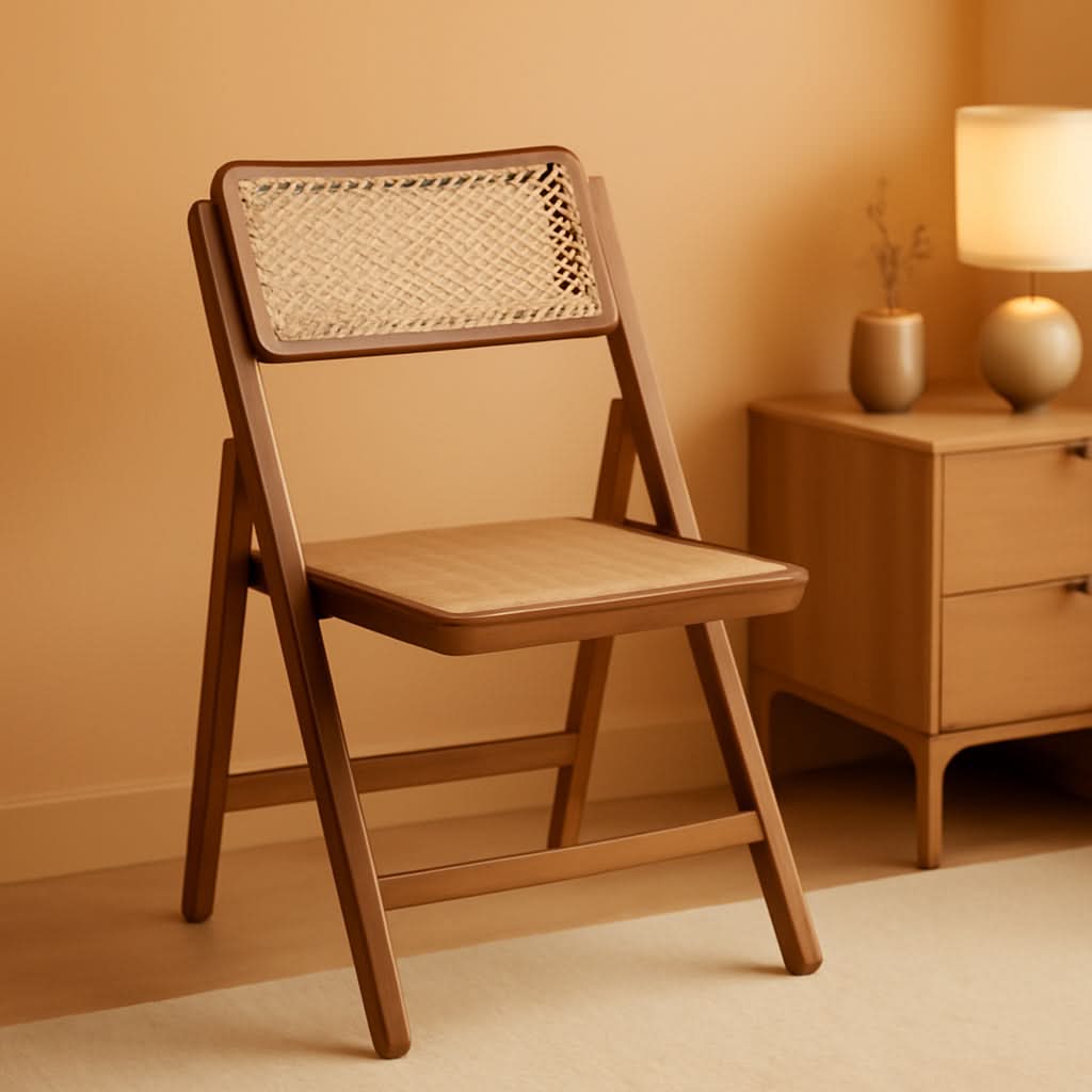 Rattan Folding Chair Walnut Finish Indoor Outdoor Dining