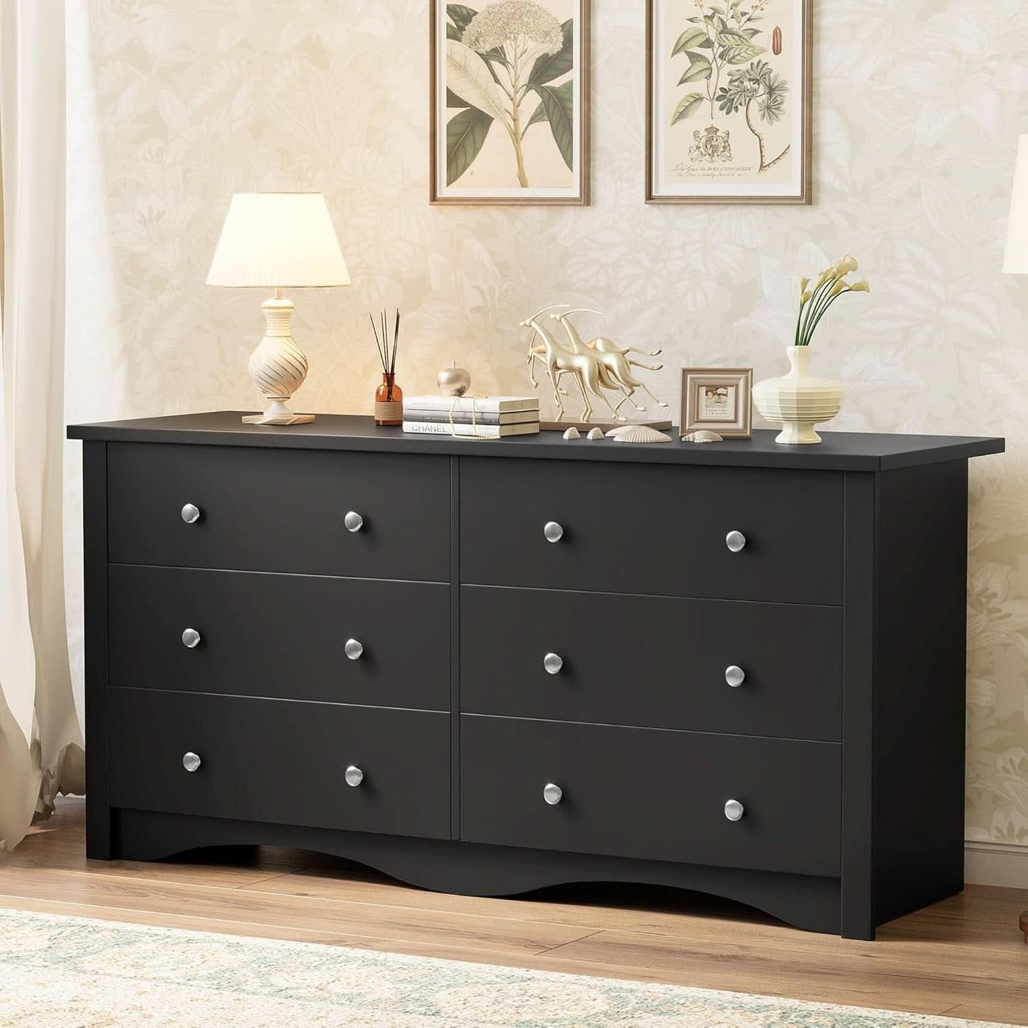 Black Dresser With Six Deep Drawers For TV Storage