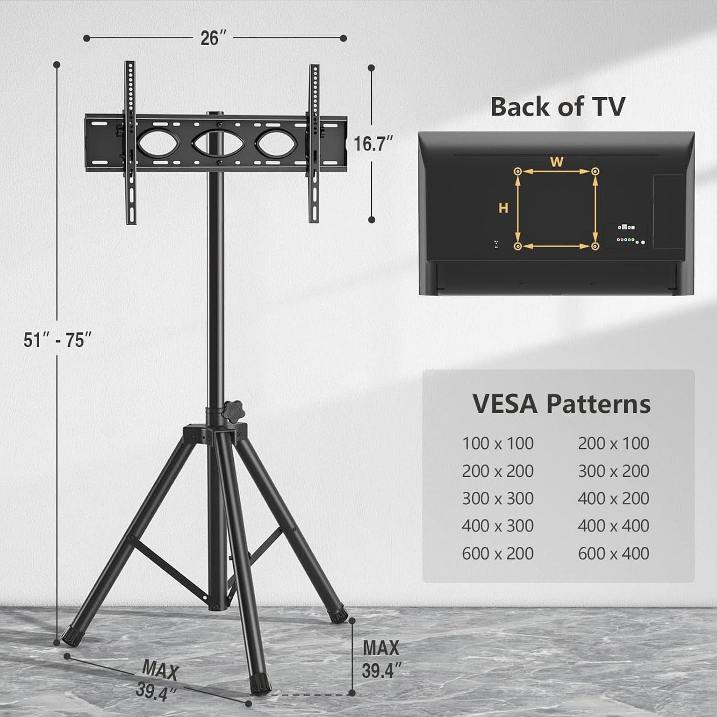 Tripod TV Stand For 23-75 Inch TVs Tilt 15 Degrees