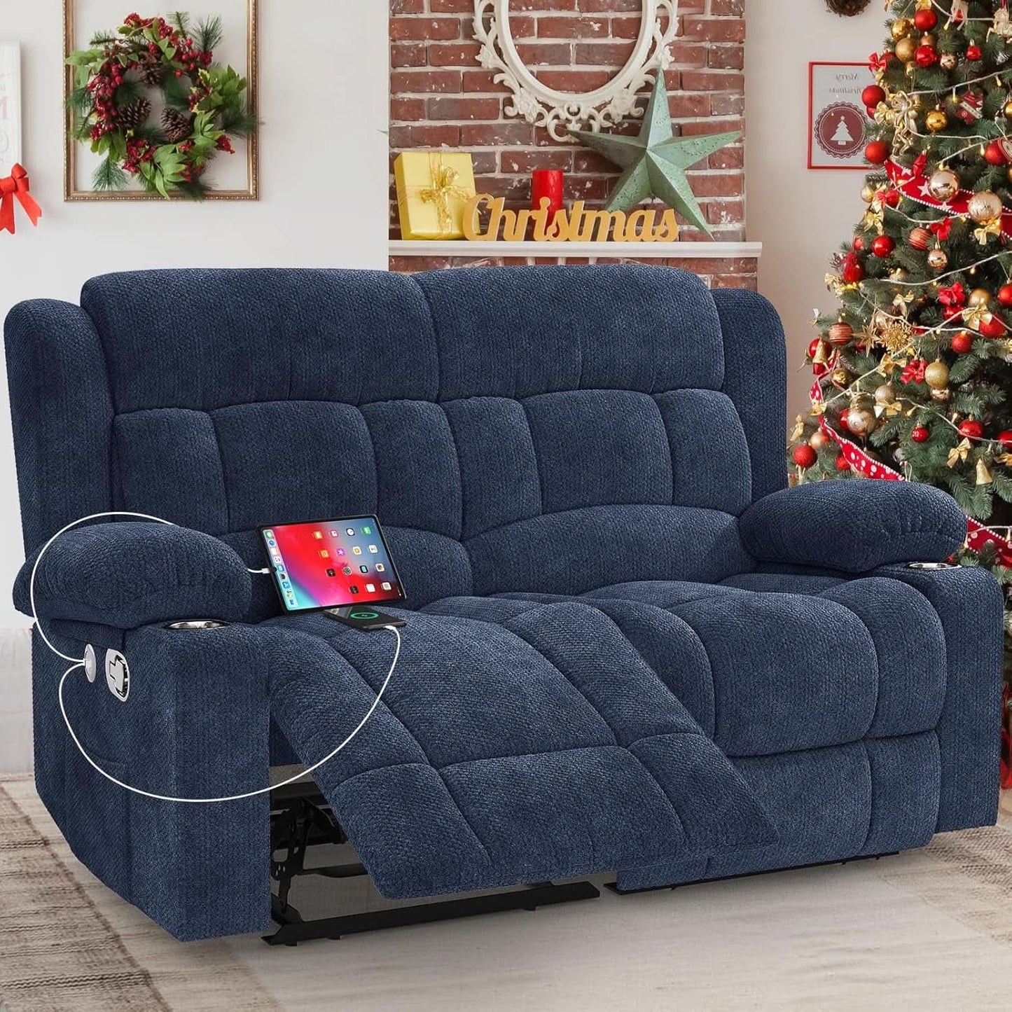 Blue Fabric Reclining Loveseat With USB Ports For Living Room