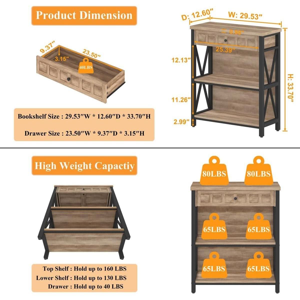 Rustic Oak 3 Tier Bookshelf With Drawer Industrial Wood And Metal Bookcase