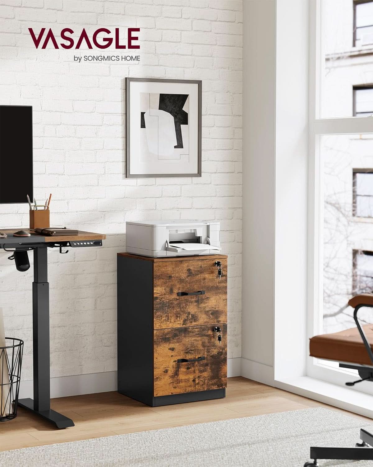 Two Drawer File Cabinet With Lock Printer Stand For A4 And Letter Size Files Rustic Brown And Black