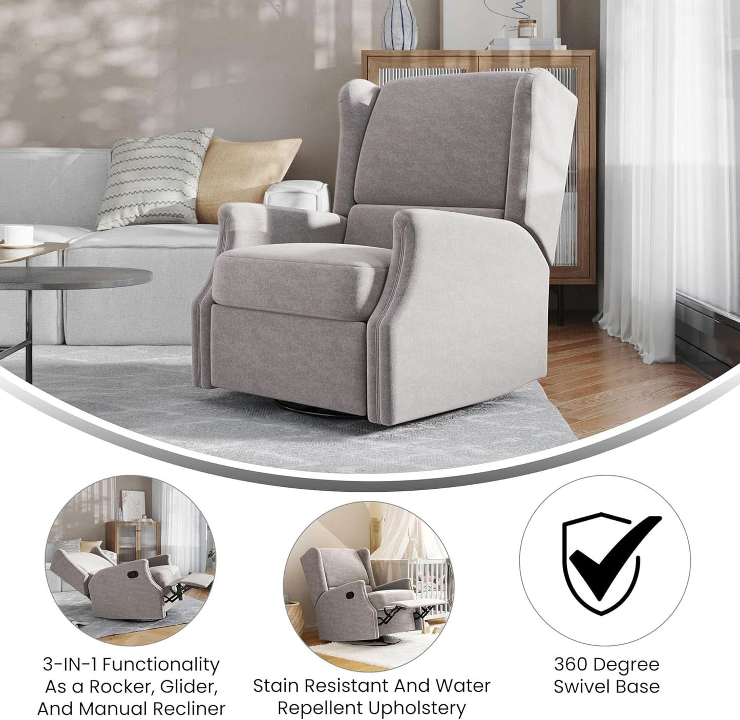 Omma Swivel Glider Rocking Recliner 360 Degree Swivel Light Gray