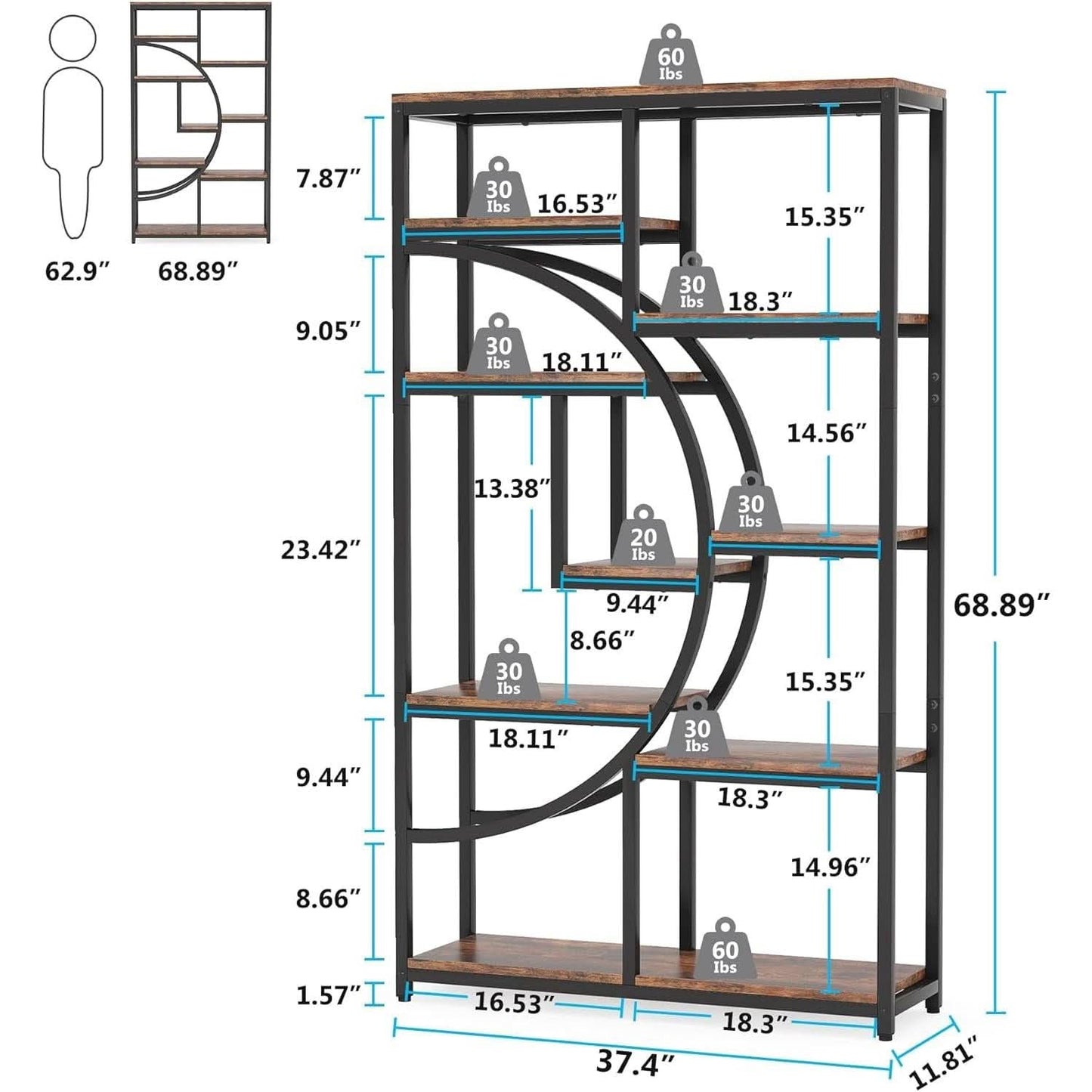 Industrial Black 5 Tier Etagere Bookcase For Living Room