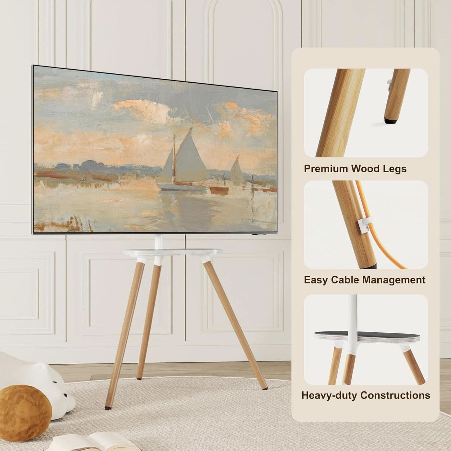 Tripod TV Stand 40-65 Inch White Swivel Wooden Tray