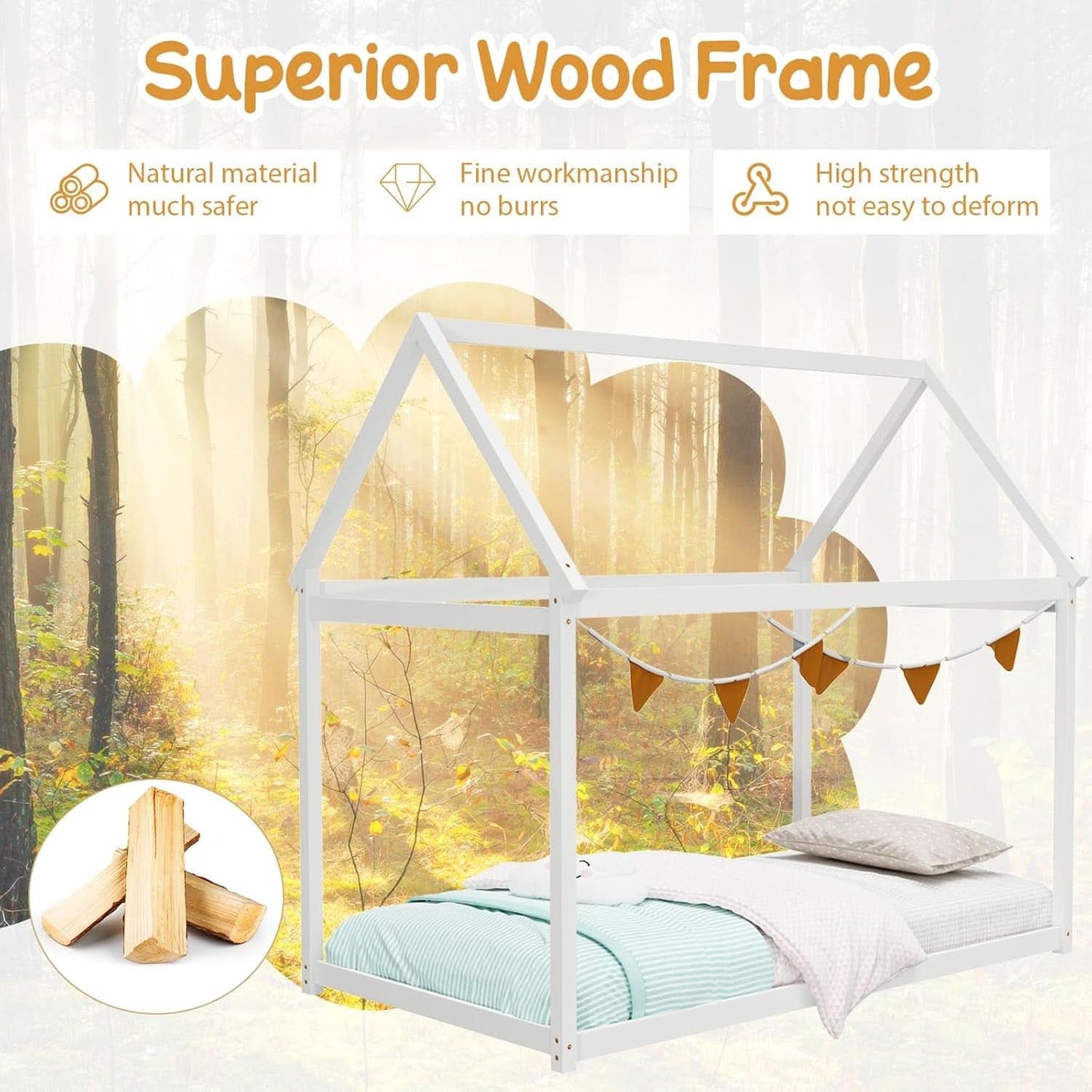 Twin House Bed Frame With Roof Canopy Montessori For Kids