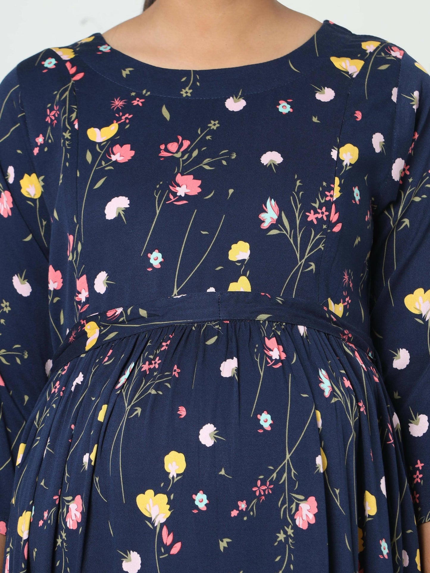 Manet Three Fourth Maternity Dress Floral Print With Concealed Zipper Nursing Access - Navy Blue