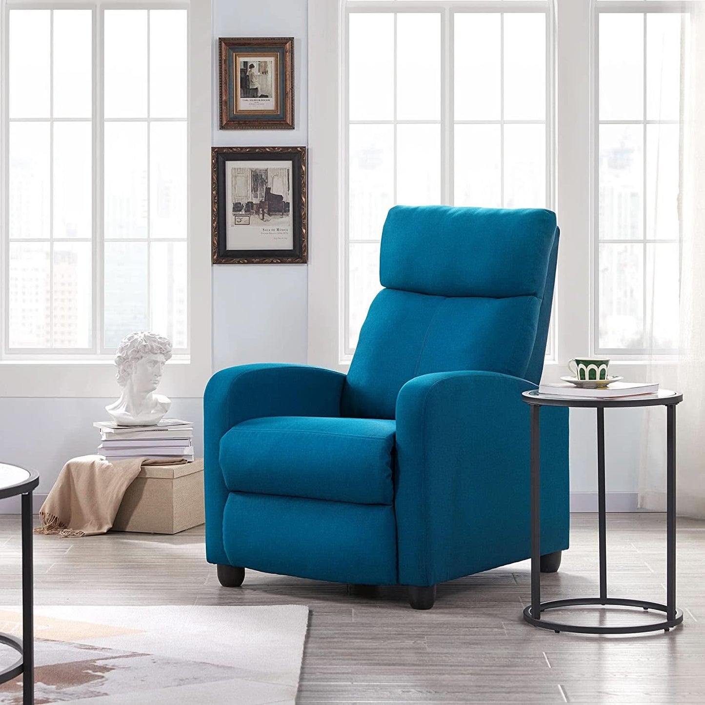 Blue Fabric Pushback Recliner Chair With Soft Armrests