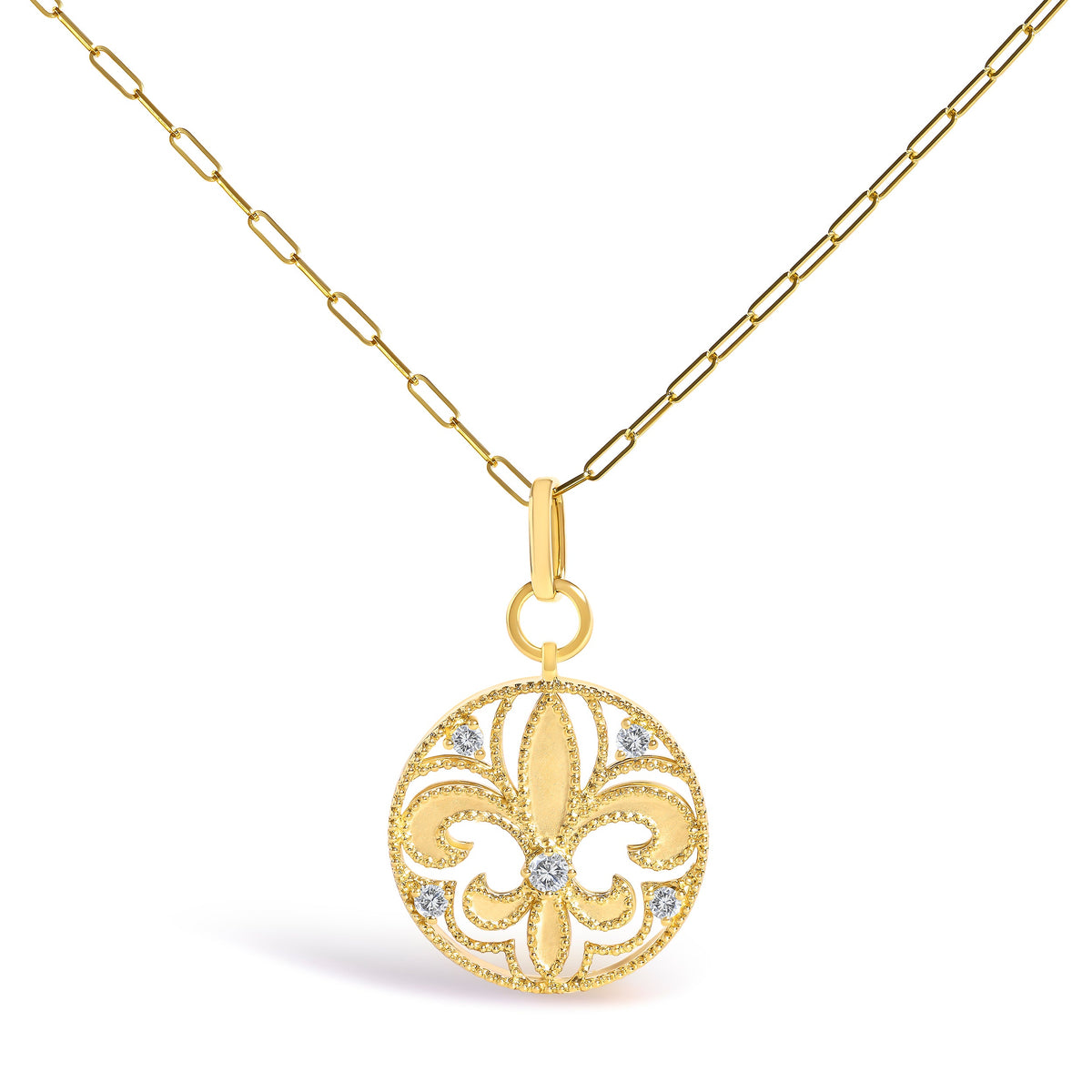 14K Yellow Gold 1/4 Cttw Round Diamond Openwork Fleur de Lis Medallion Pendant Necklace