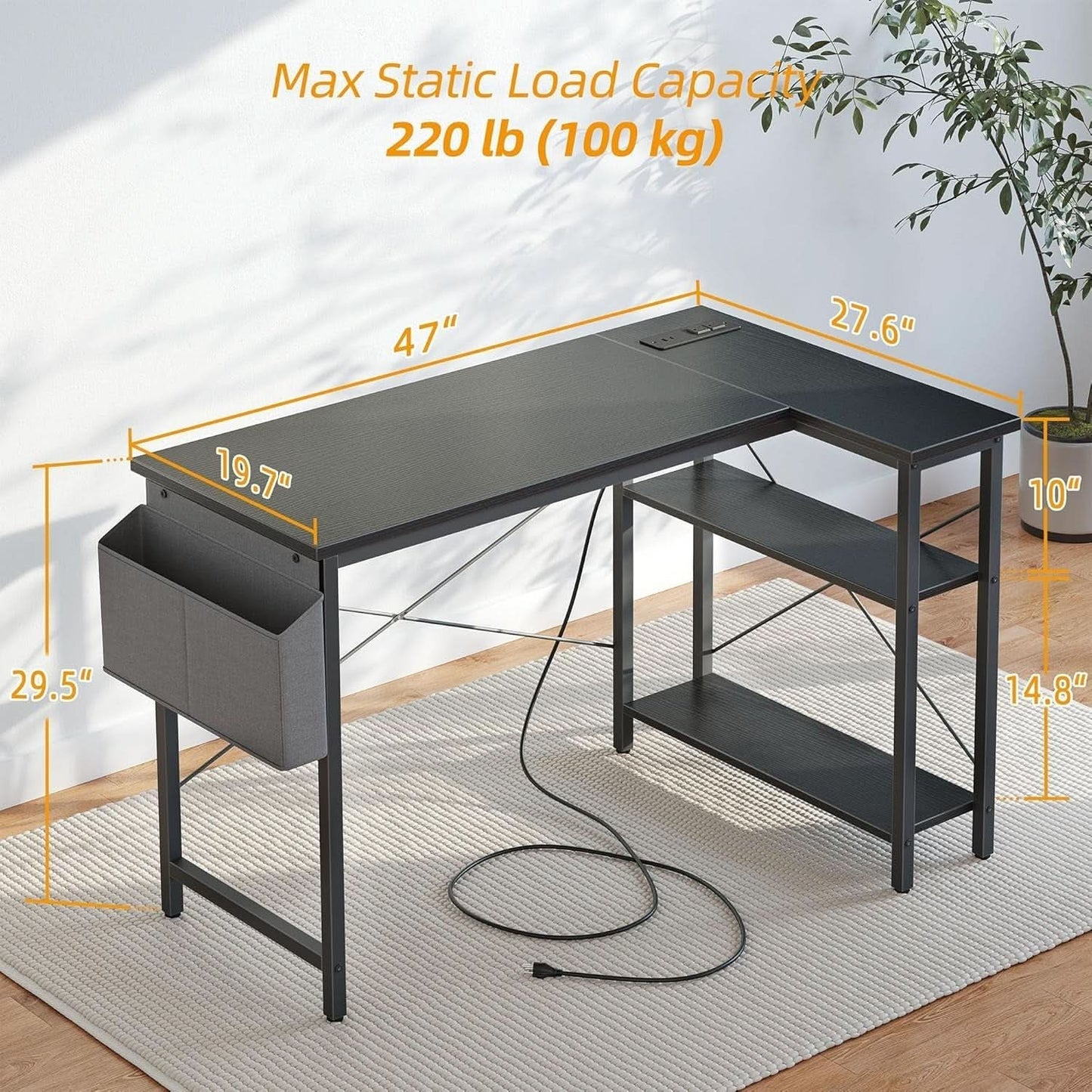 L Shaped Computer Desk With Power Outlets 47 Inch Corner
