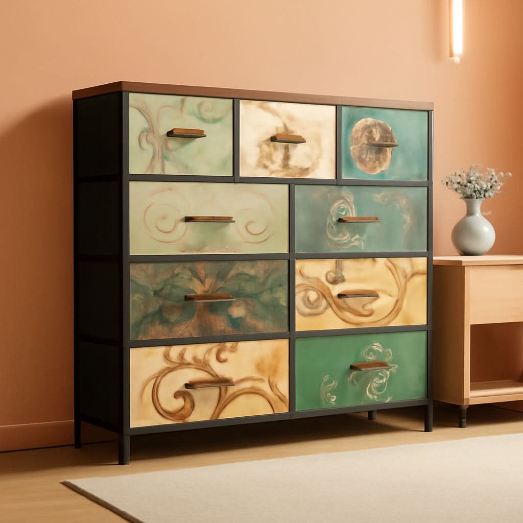 9 Drawer Dresser With Fabric Bins Floral Pattern Wood Top