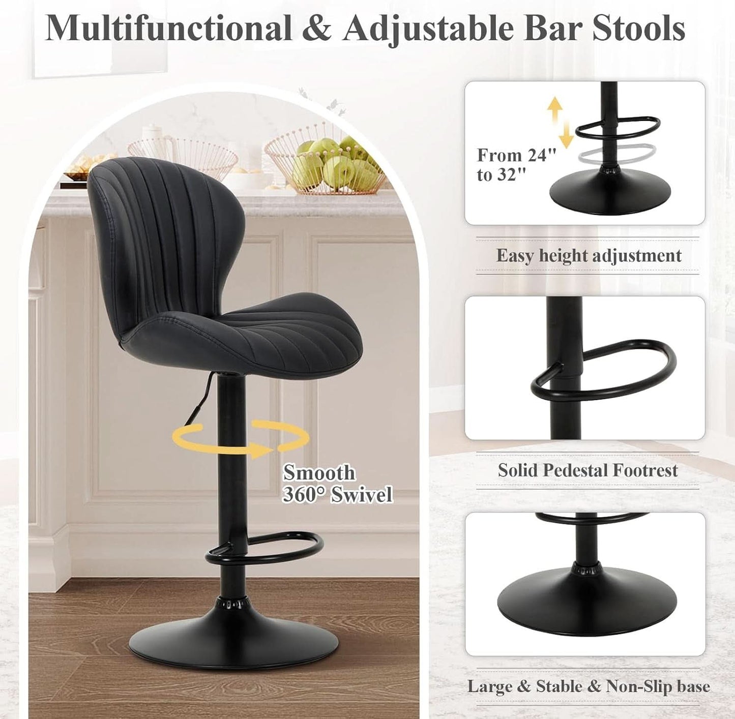 Black Adjustable Faux Leather Swivel Bar Stool Set Of Four