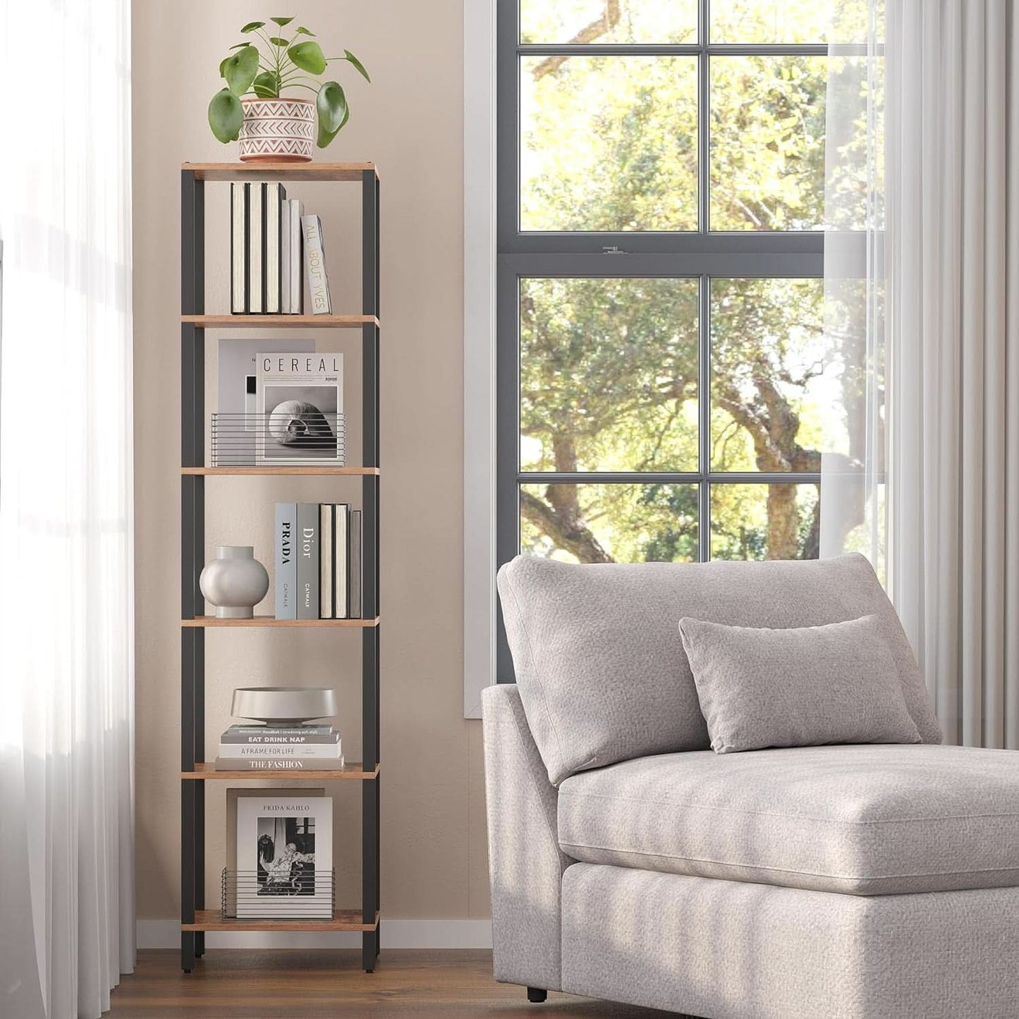 Six Tier Tall Bookshelf Narrow Rustic Brown Bookcase