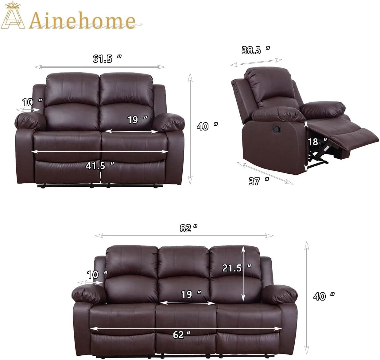Brown Leather 3 Piece Recliner Sofa Living Room Set