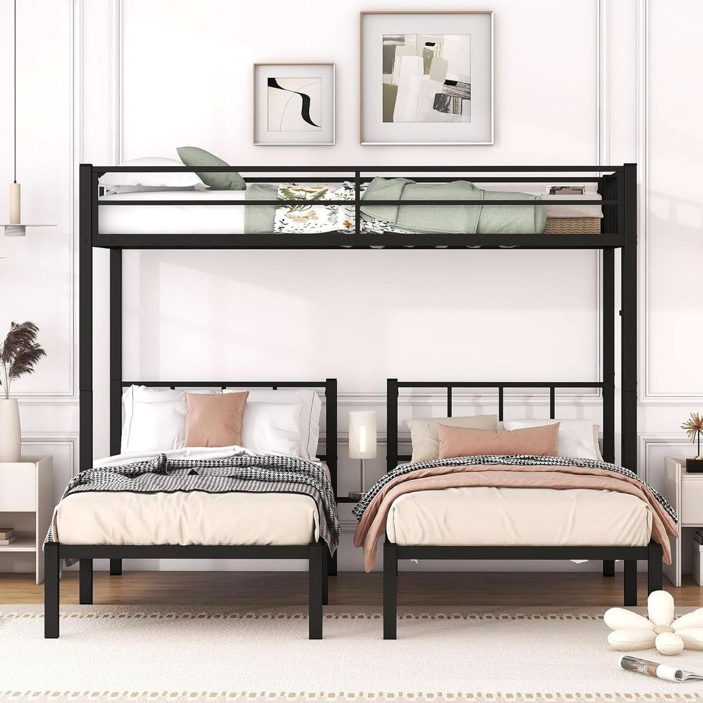 Triple Bunk Bed For Three Kids Built In Desk Black