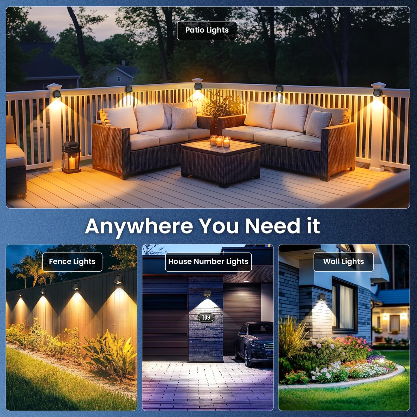 AUDERWIN Solar Fence Lights Outdoor Waterproof Dual Color LED 12 Pack