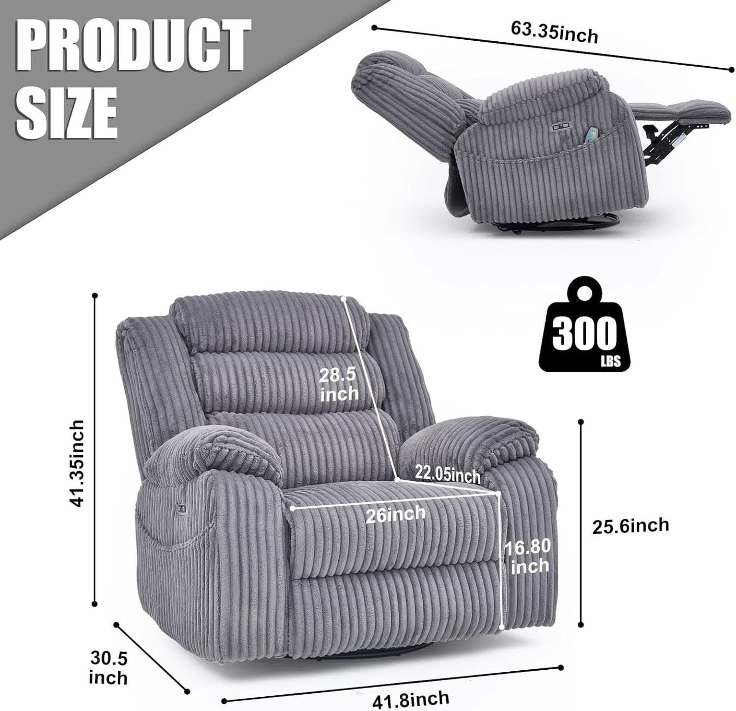 Grey Heated Massage Power Recliner With USB Port Charging
