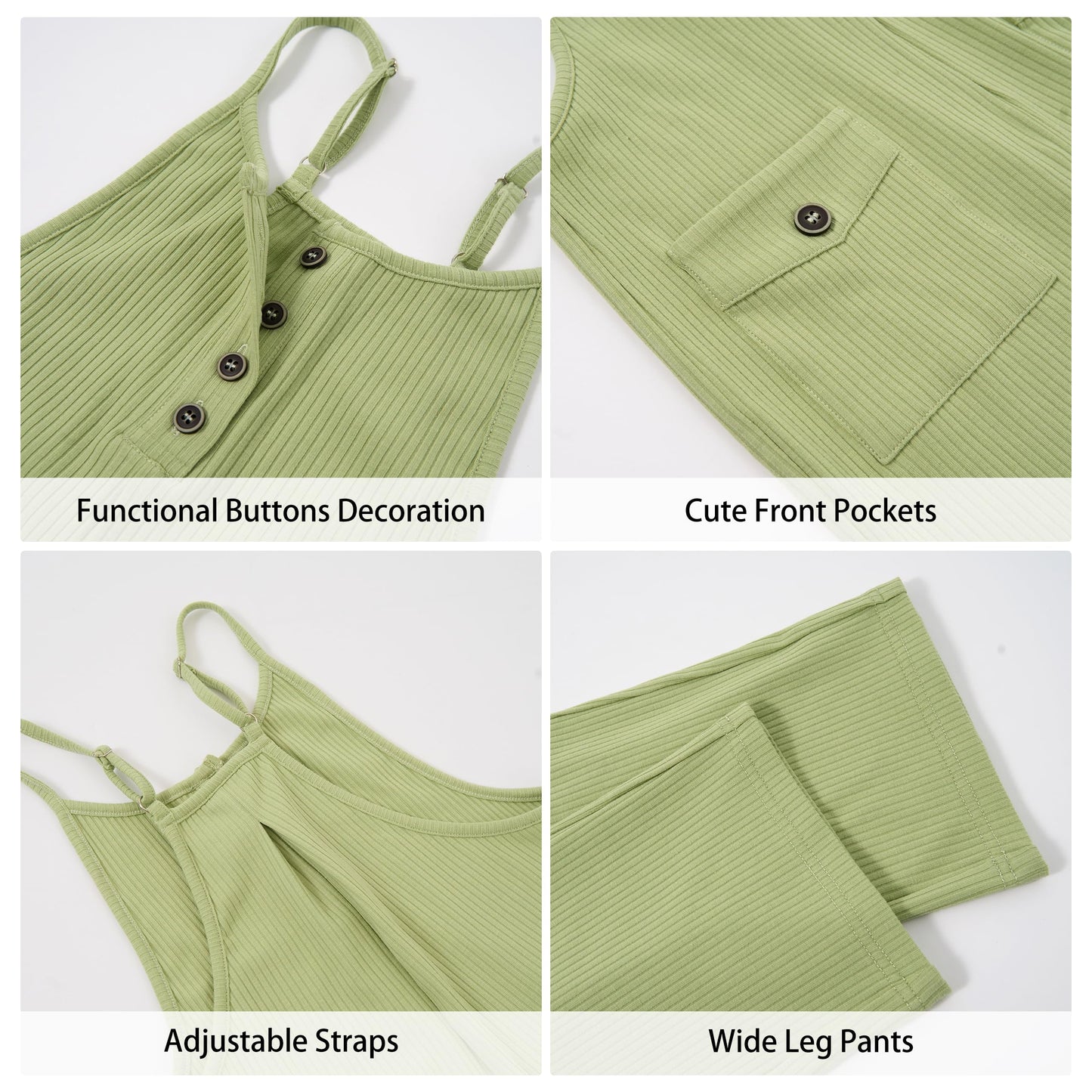 Rolanko Girls Jumpsuit Spaghetti Strap Romper Wide Leg Pockets Green Size 10-11Y
