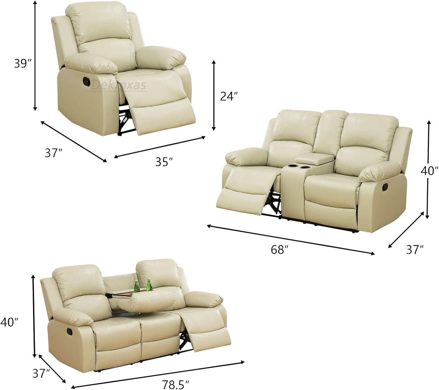 Beige 3 Seater Manual Reclining Sofa With Cup Holders