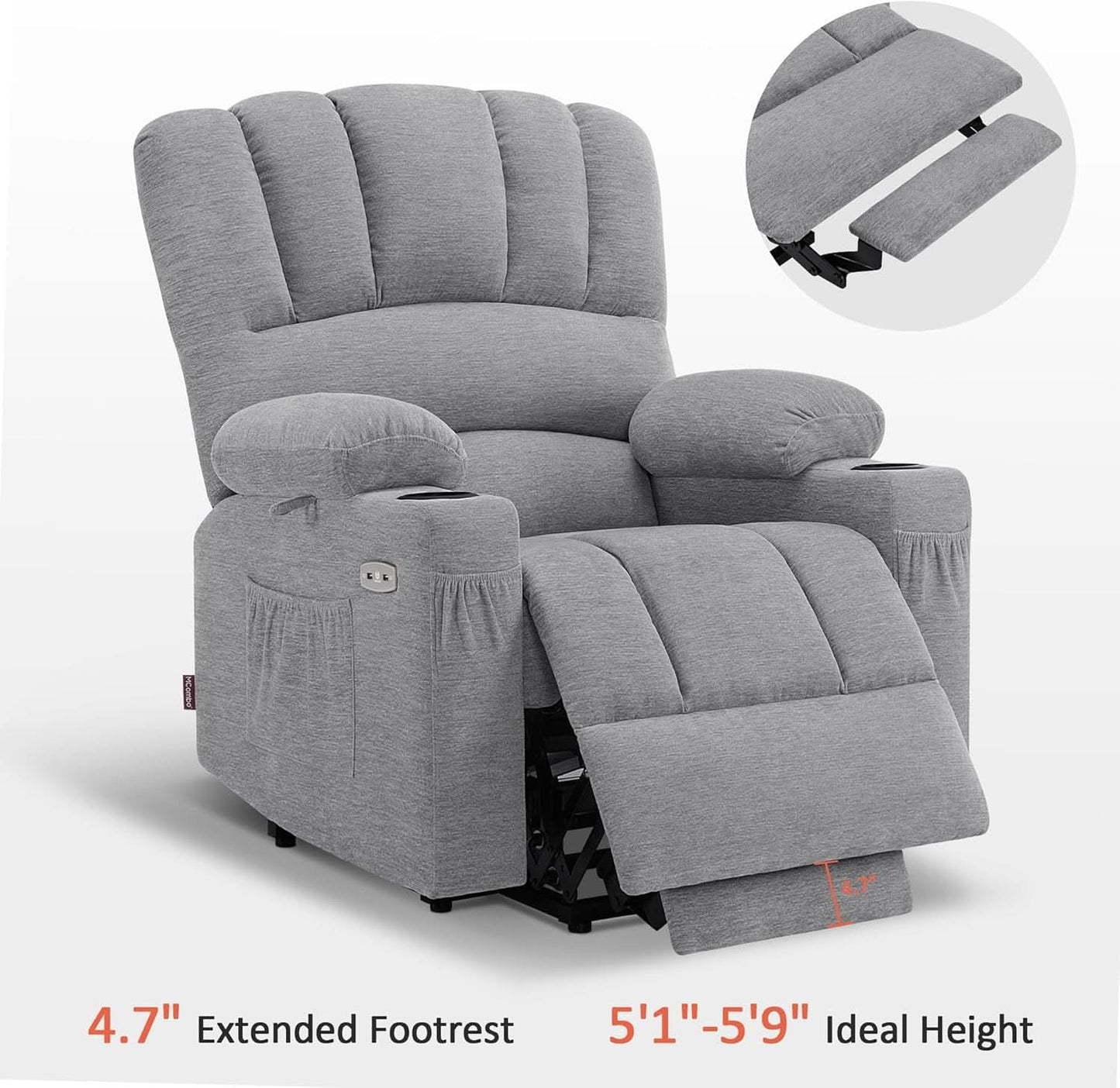Power Lift Recliner Chair With Massage And Heat Grey Fabric
