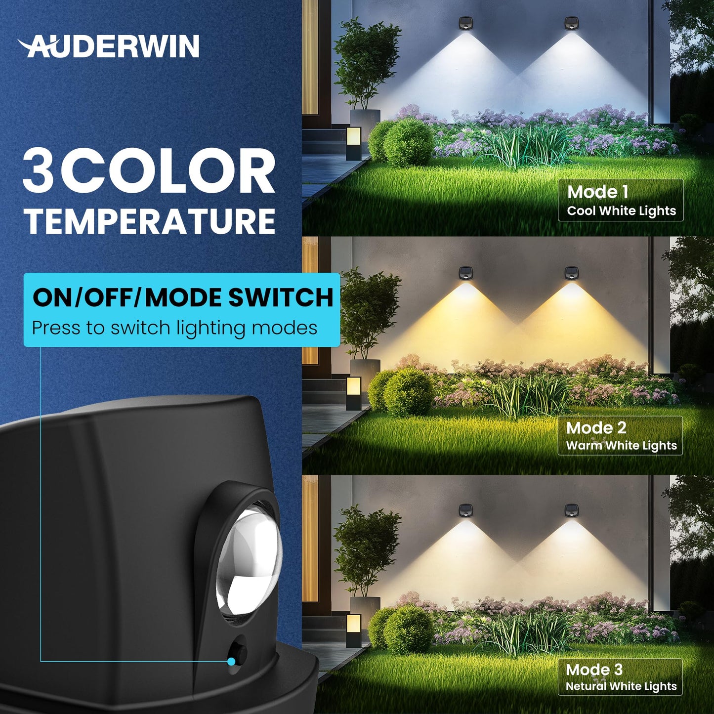 AUDERWIN Solar Fence Lights Outdoor Waterproof Dual Color LED 12 Pack