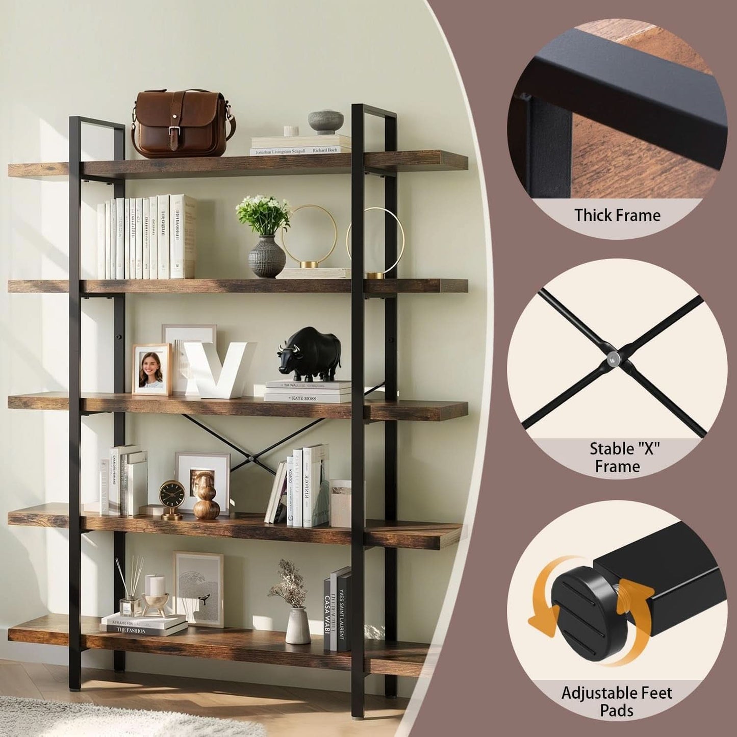 Brown 47 Inch Wide Industrial Bookcase Open Shelves
