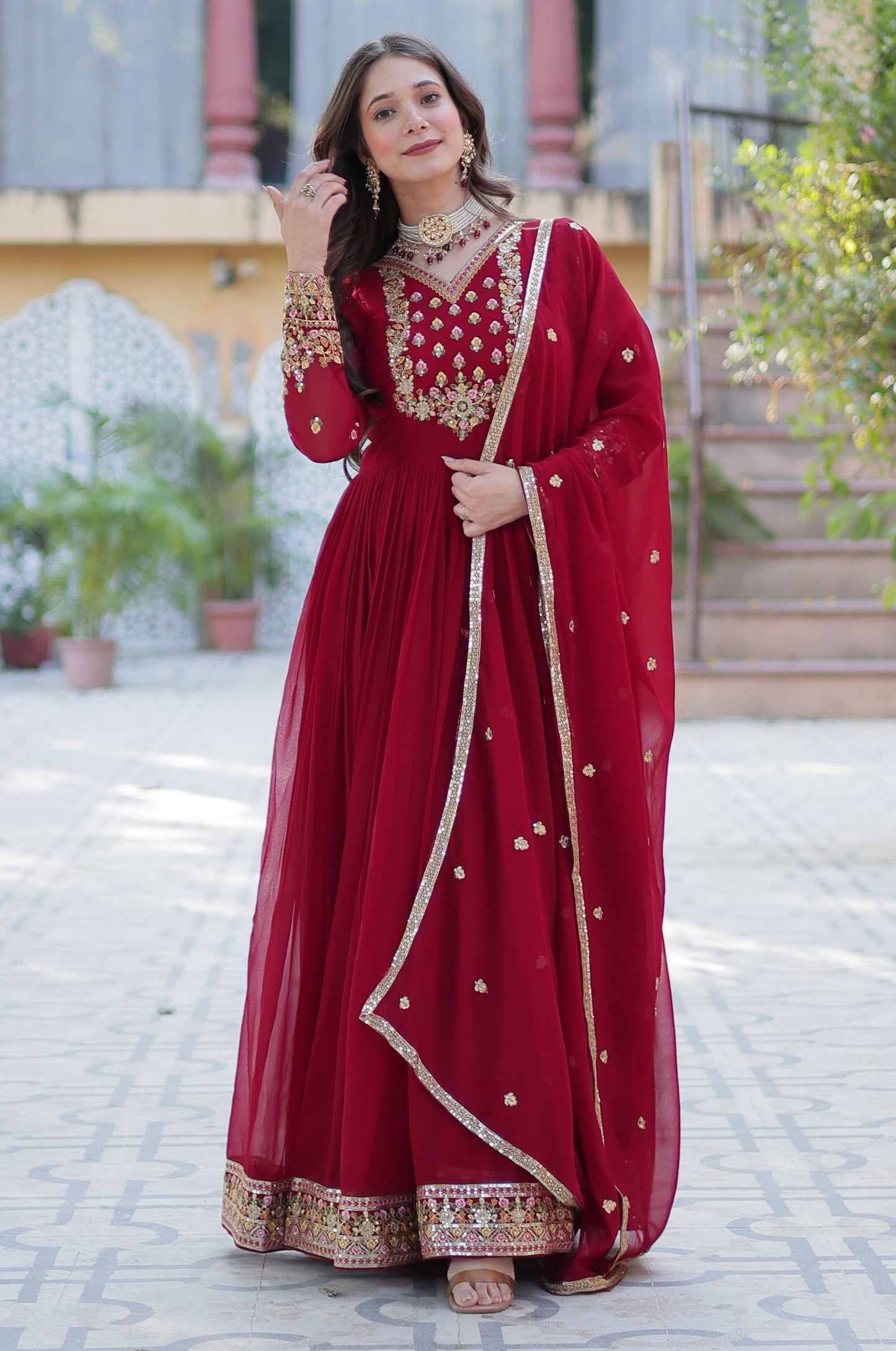 Vedant Vastram Heavy Embroidery & Sequins Work Pure Georgette Gown With Dupatta - Maroon