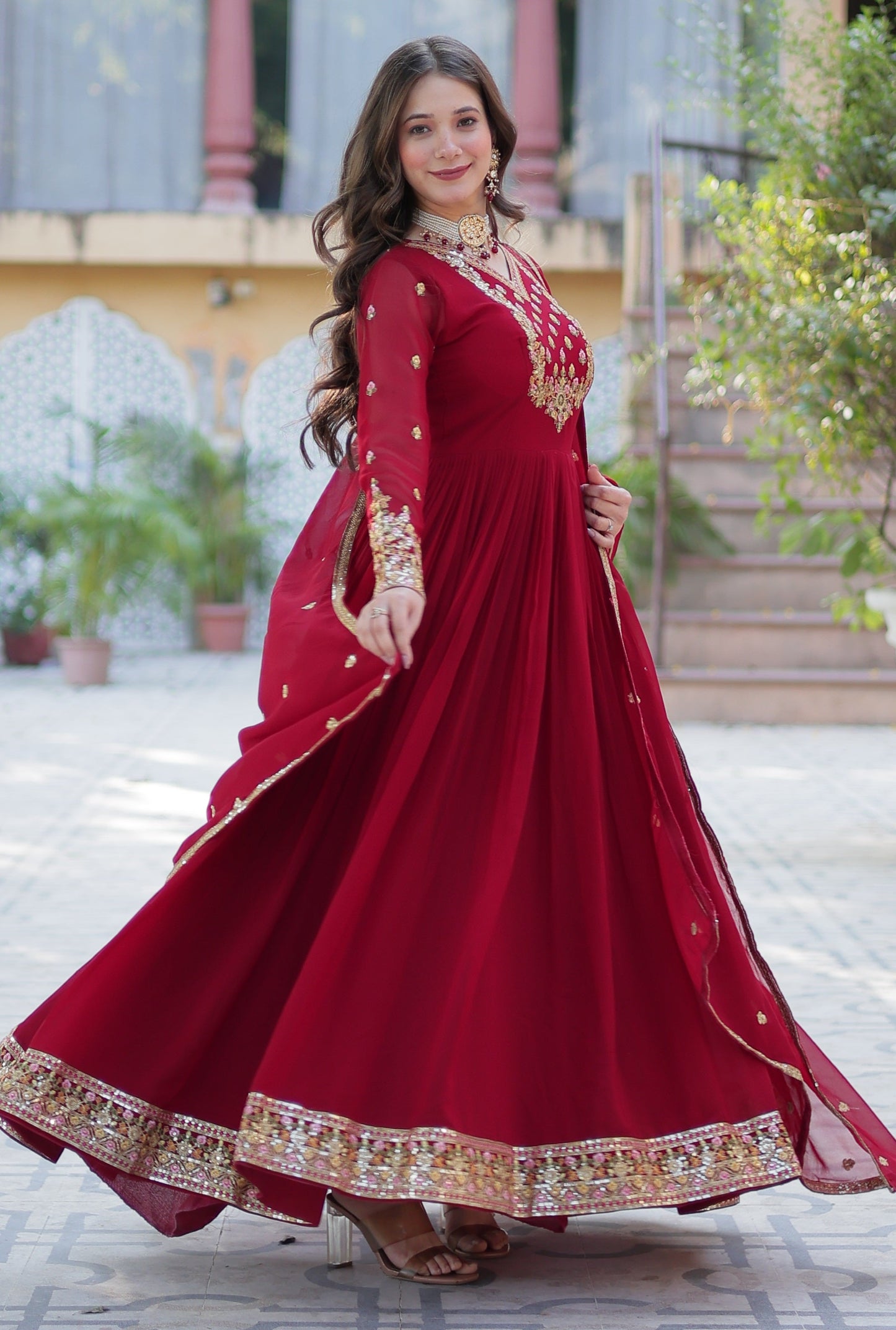 Vedant Vastram Heavy Embroidery & Sequins Work Pure Georgette Gown With Dupatta - Maroon