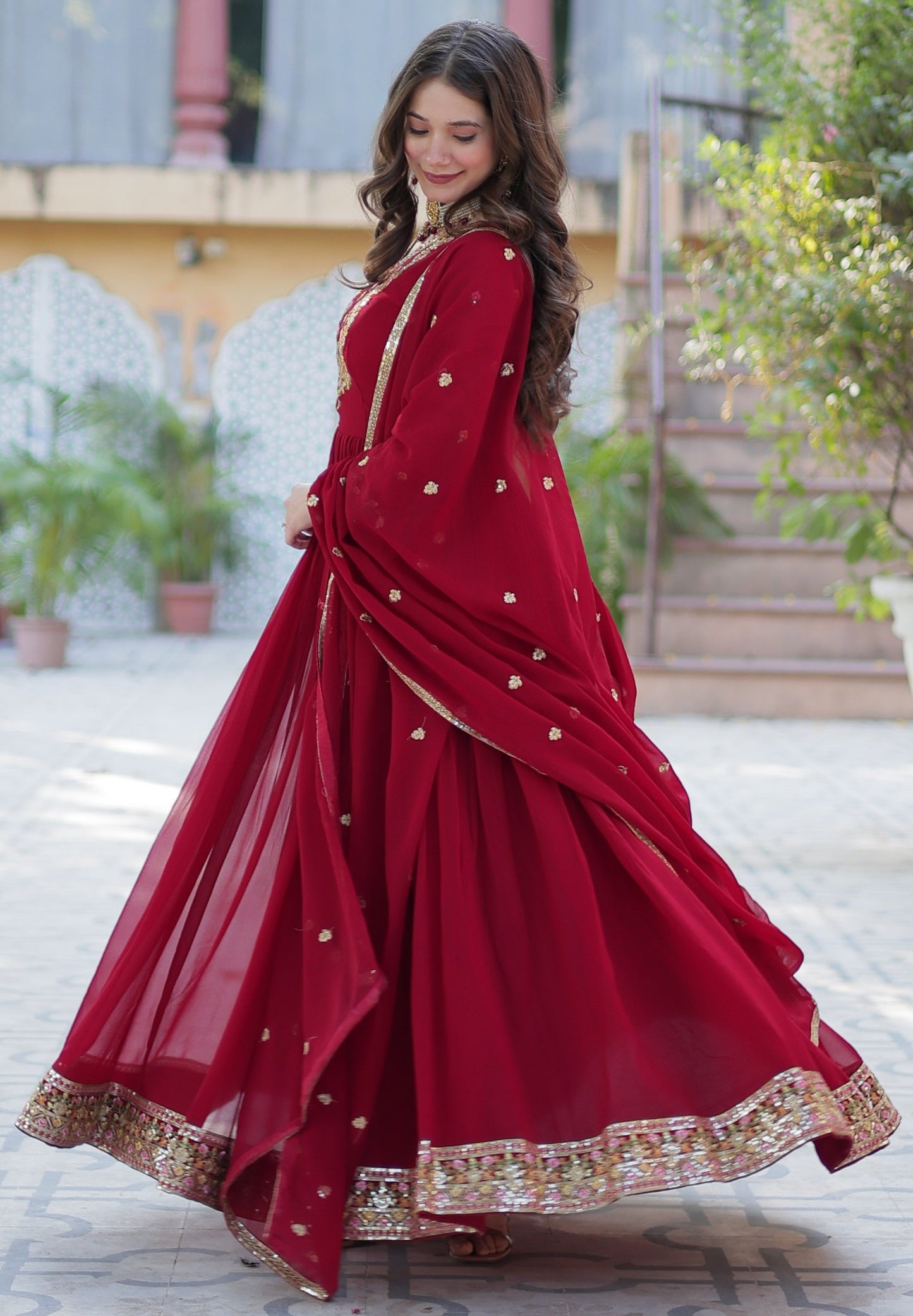 Vedant Vastram Heavy Embroidery & Sequins Work Pure Georgette Gown With Dupatta - Maroon