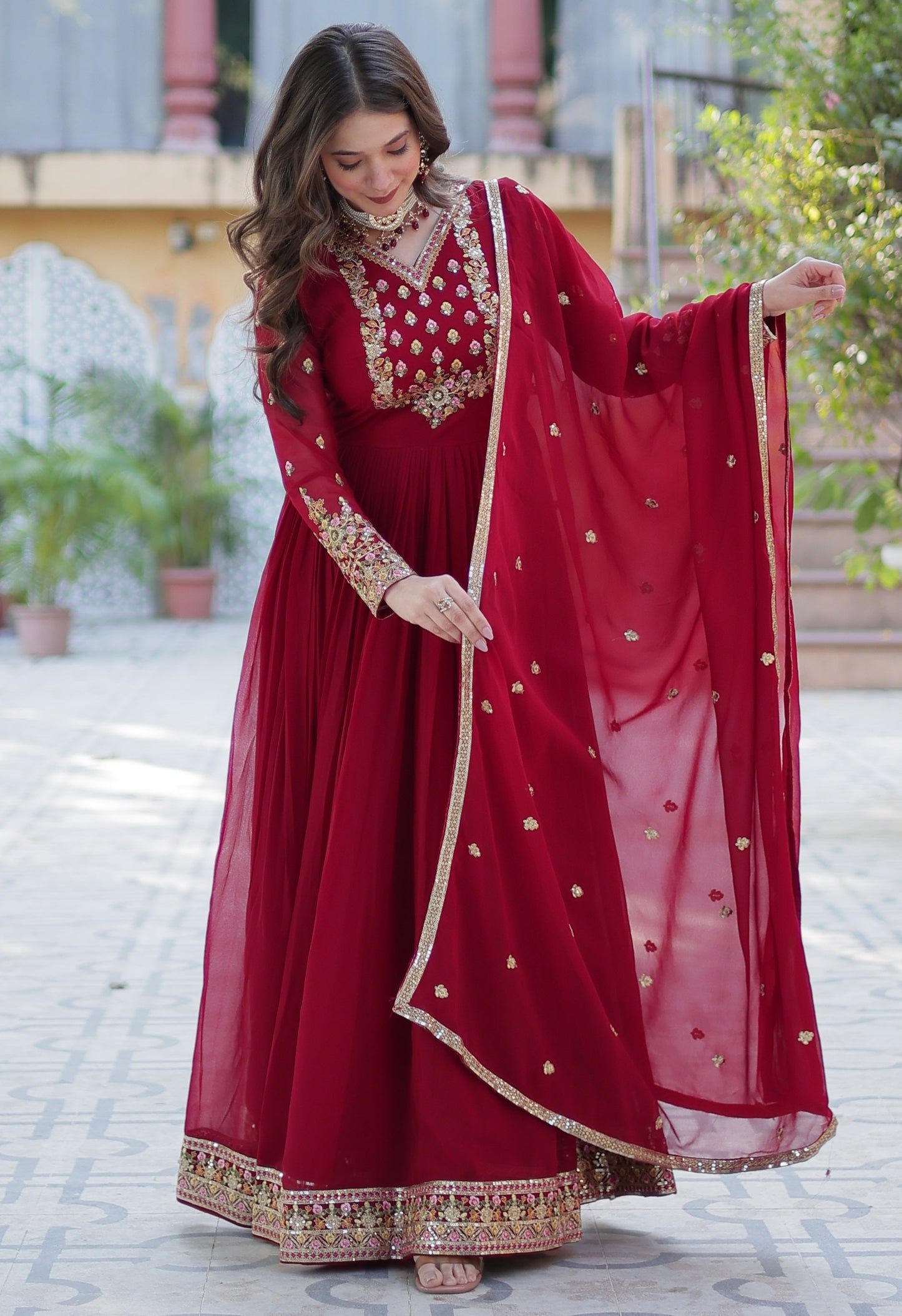 Vedant Vastram Heavy Embroidery & Sequins Work Pure Georgette Gown With Dupatta - Maroon