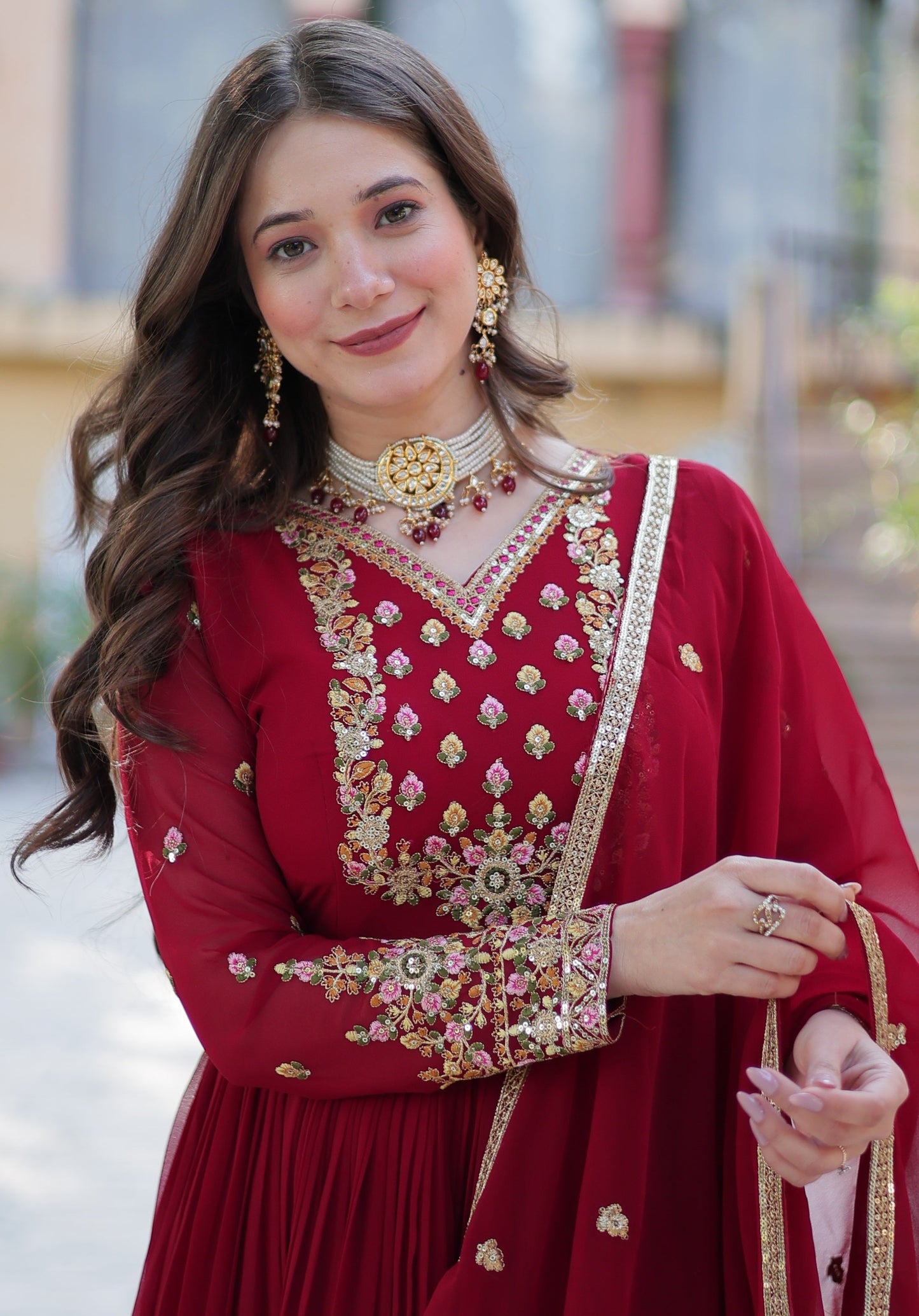 Vedant Vastram Heavy Embroidery & Sequins Work Pure Georgette Gown With Dupatta - Maroon
