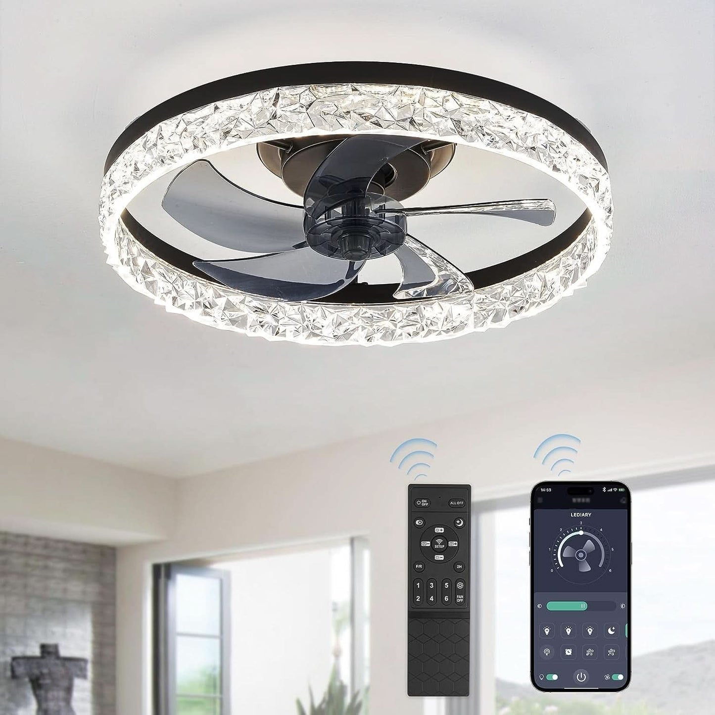 20 Inch Black Ceiling Fan With Lights And Remote, Dimmable, Flush Mount, Stepless Color Temperature, 6 Speeds