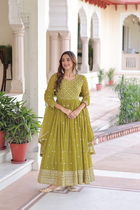 Lorenvalley Fashion Mehendi Faux Georgette with Rich Sequins & Zari Embroidered work Anarkali Gown with Dupatta