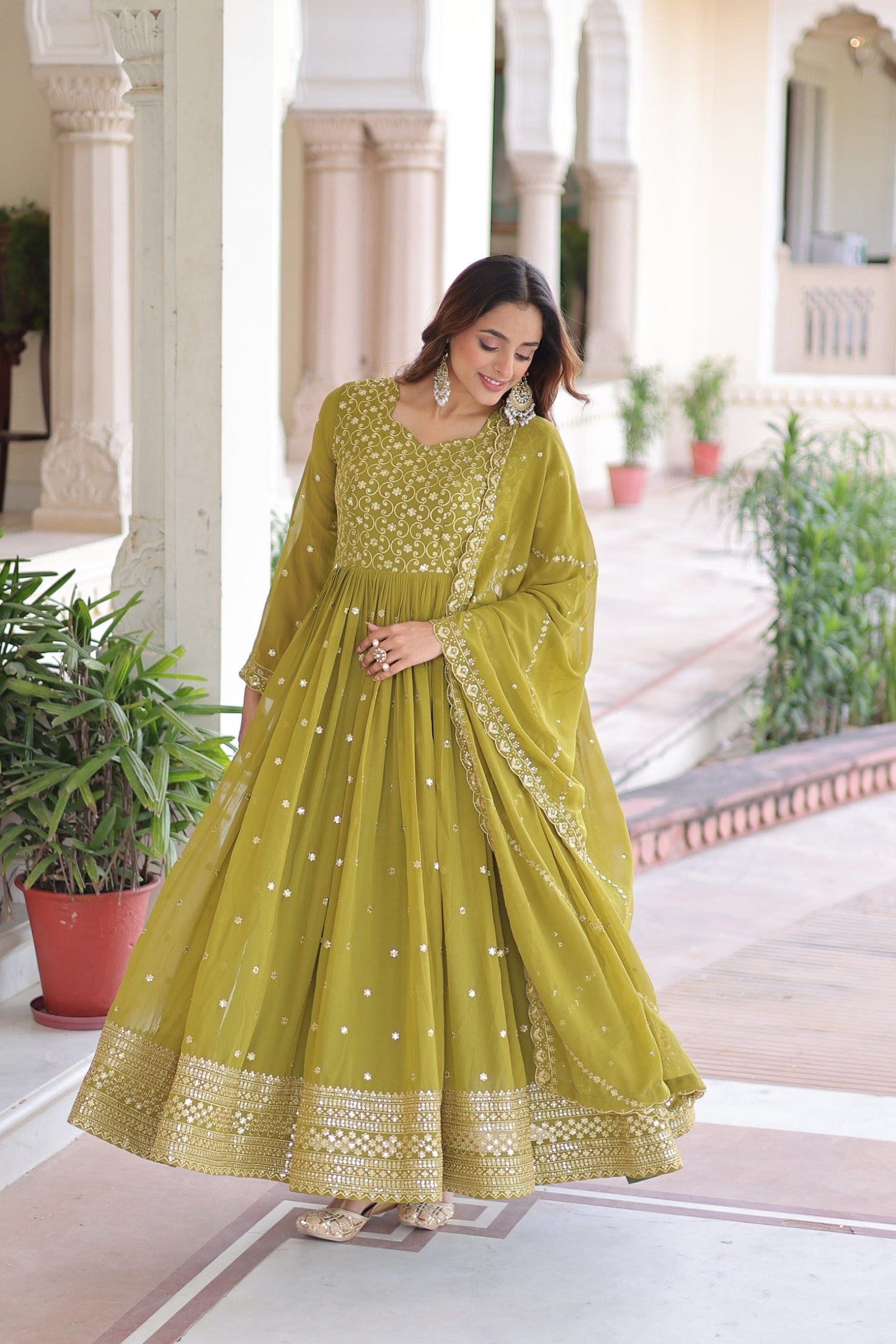 Lorenvalley Fashion Mehendi Faux Georgette with Rich Sequins & Zari Embroidered work Anarkali Gown with Dupatta