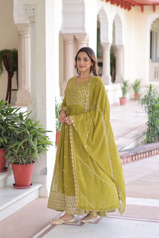 Lorenvalley Fashion Mehendi Faux Georgette with Rich Sequins & Zari Embroidered work Anarkali Gown with Dupatta