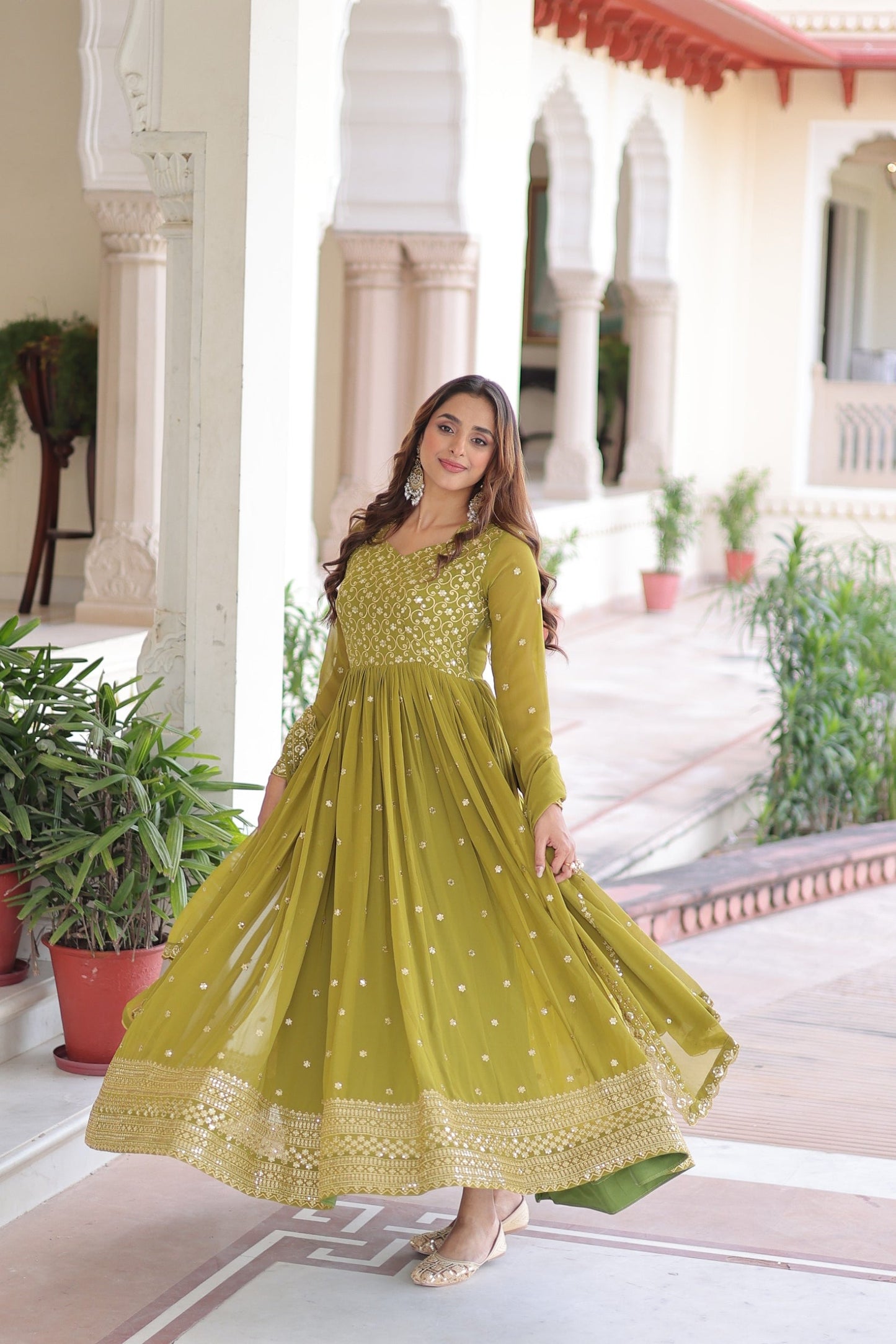 Lorenvalley Fashion Mehendi Faux Georgette with Rich Sequins & Zari Embroidered work Anarkali Gown with Dupatta