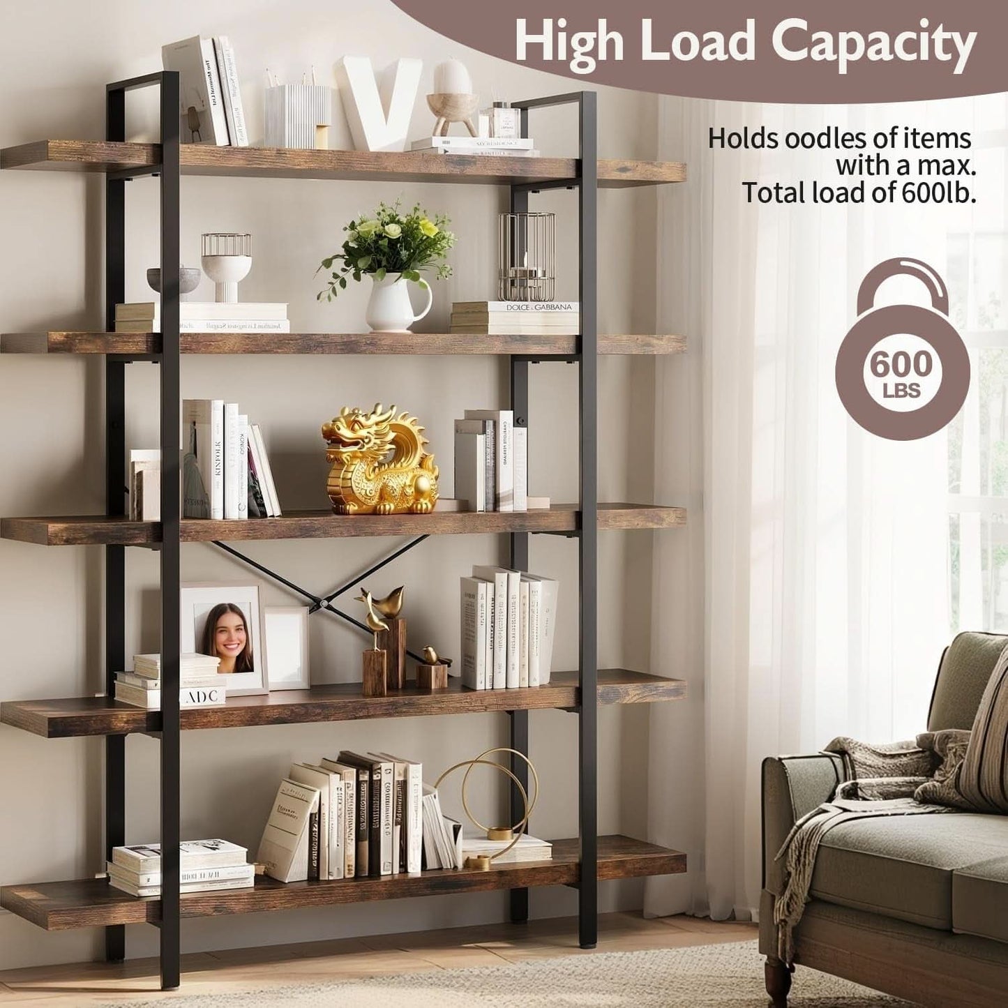 Brown 47 Inch Wide Industrial Bookcase Open Shelves