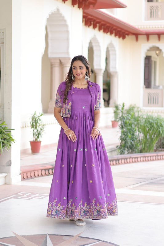 Lorenvalley Fashion Purple Vichitra Silk with Sequins, Zari & Thread Embroidered work Gown with Koti