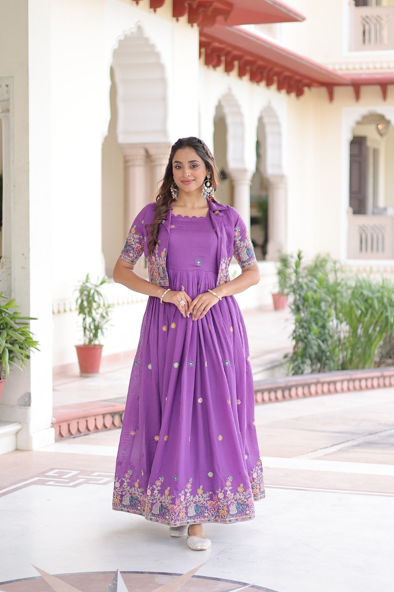 Lorenvalley Fashion Purple Vichitra Silk with Sequins, Zari & Thread Embroidered work Gown with Koti