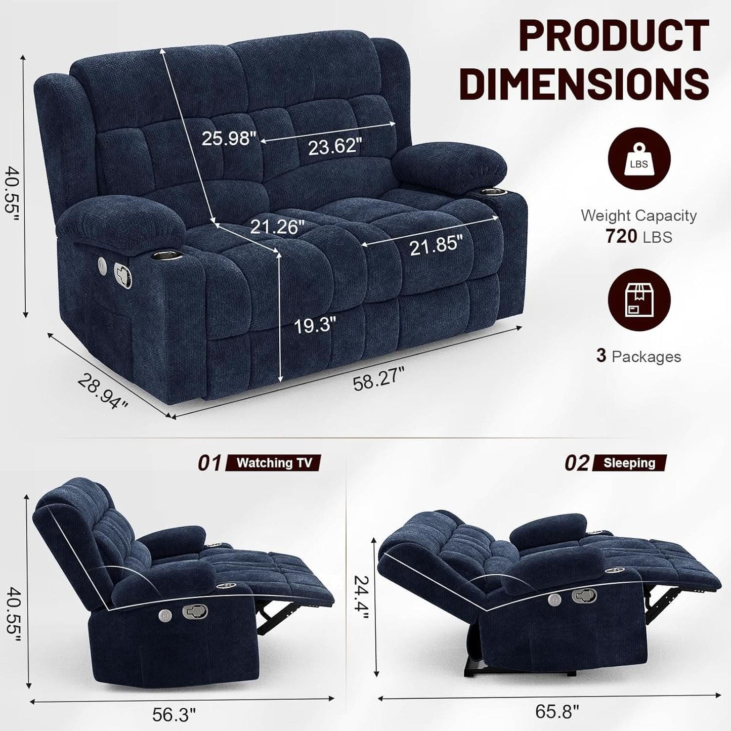 Blue Fabric Reclining Loveseat With USB Ports For Living Room