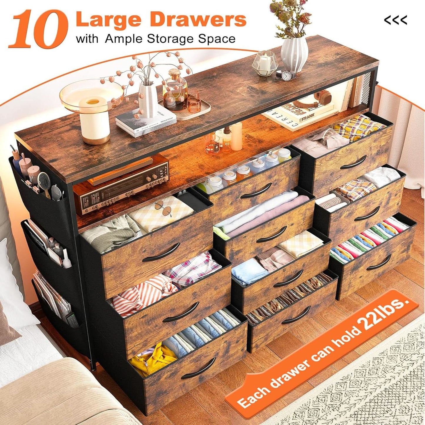 Dresser TV Stand 55 Inch 10 Drawers Rustic Brown Storage