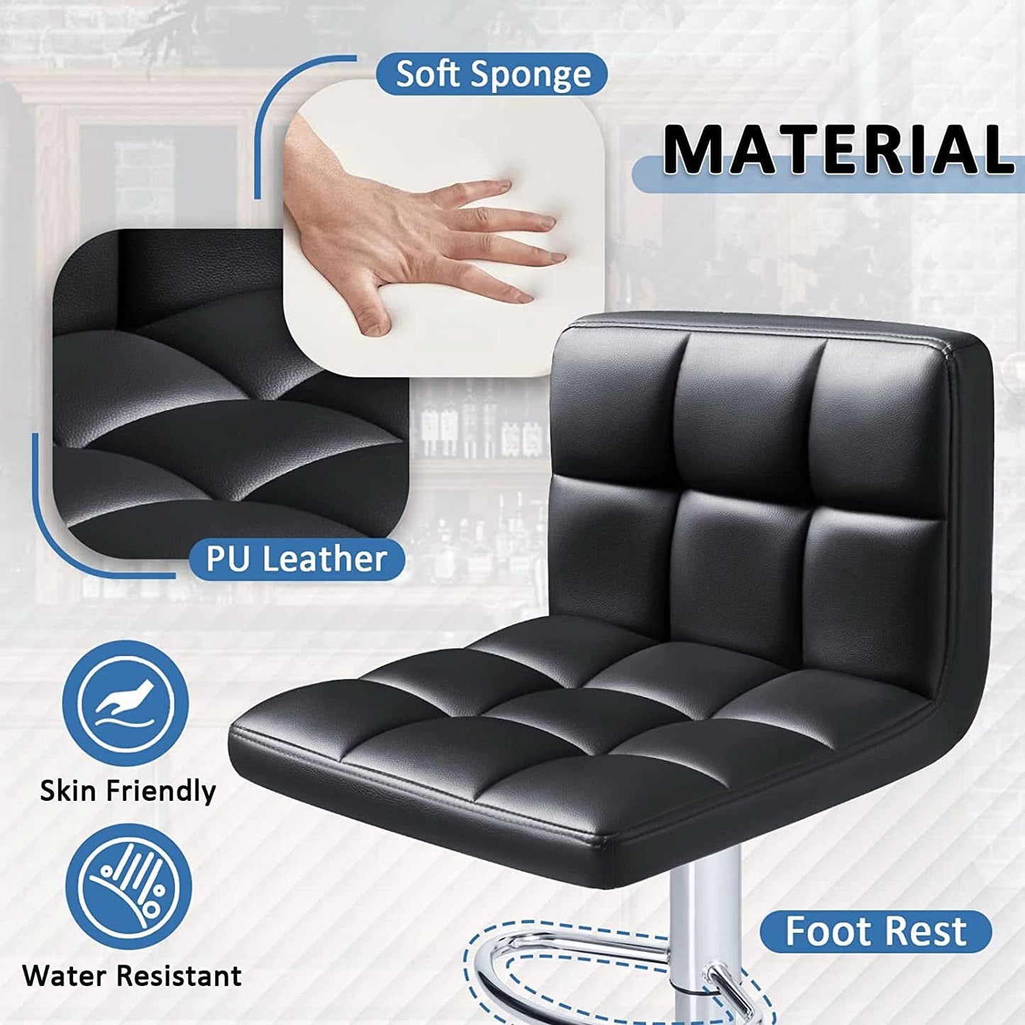 Black PU Leather Adjustable Swivel Bar Stools Set Of 2