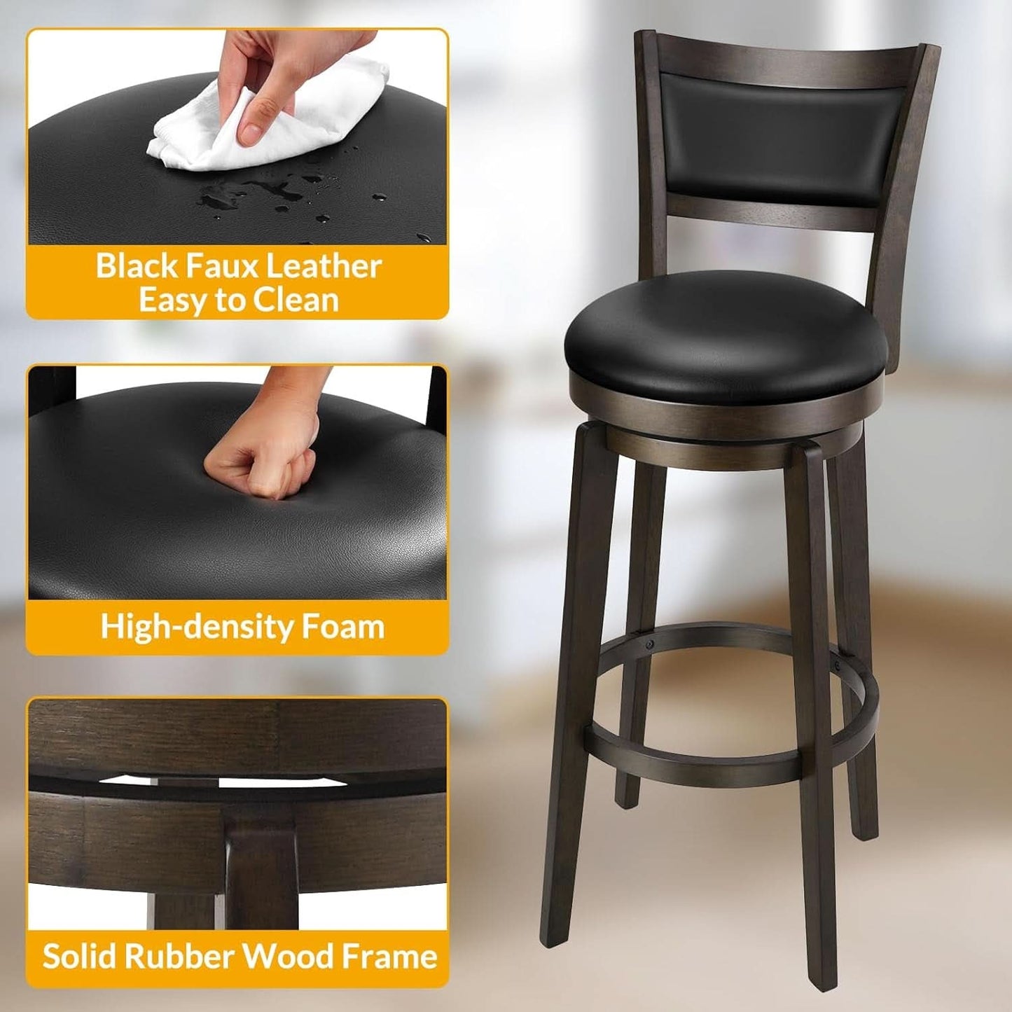 Swivel Bar Stools Set of 2 Black Faux Leather 34 Inch