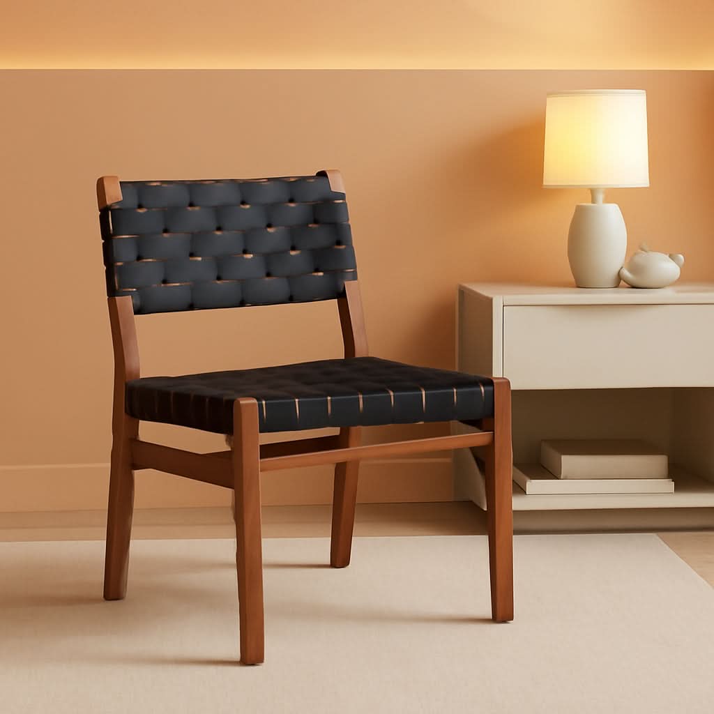 Set Of 2 Armless Dining Chairs With Rope Weave PU Leather Walnut Black