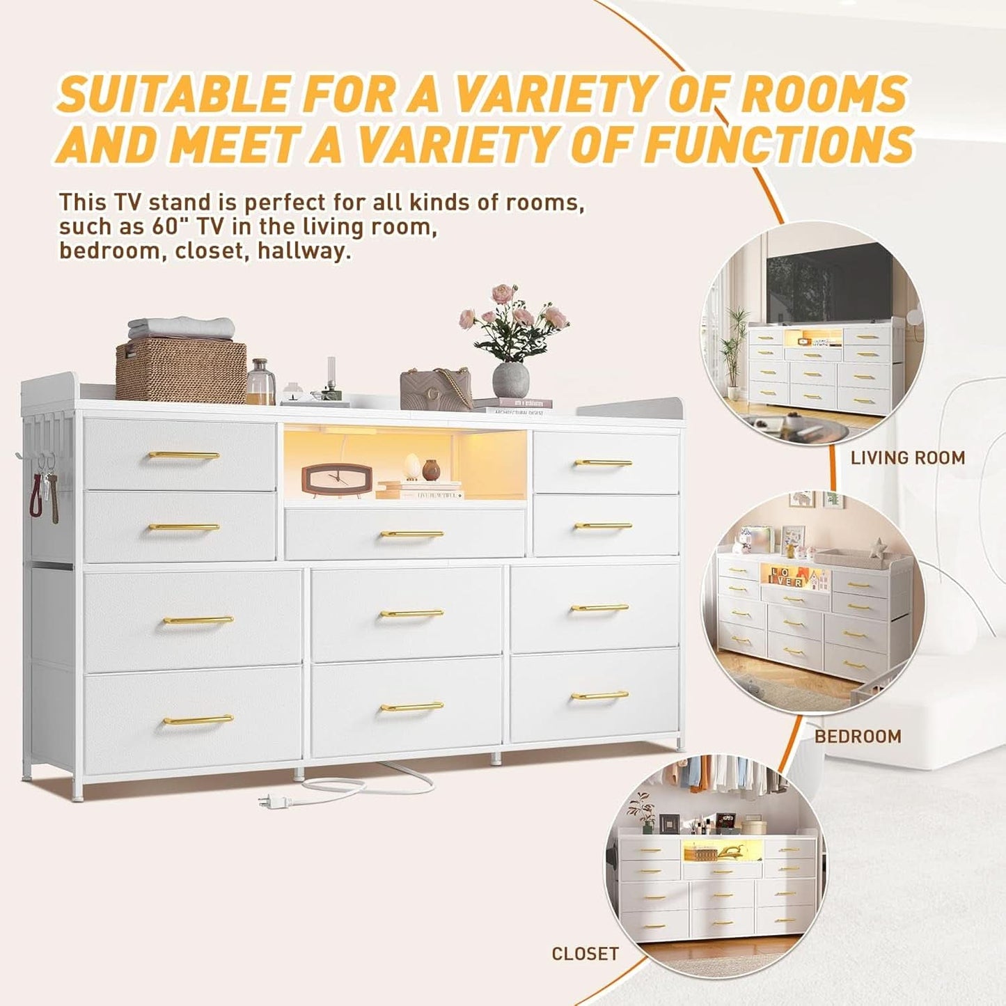 Bedroom Dresser With 11 Drawers And 60 Inch TV Stand White