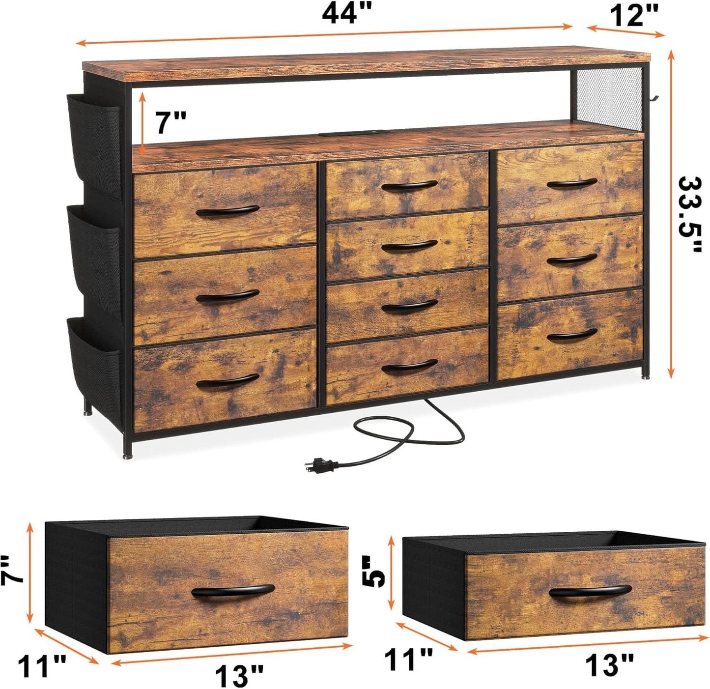 Dresser TV Stand 55 Inch 10 Drawers Rustic Brown Storage