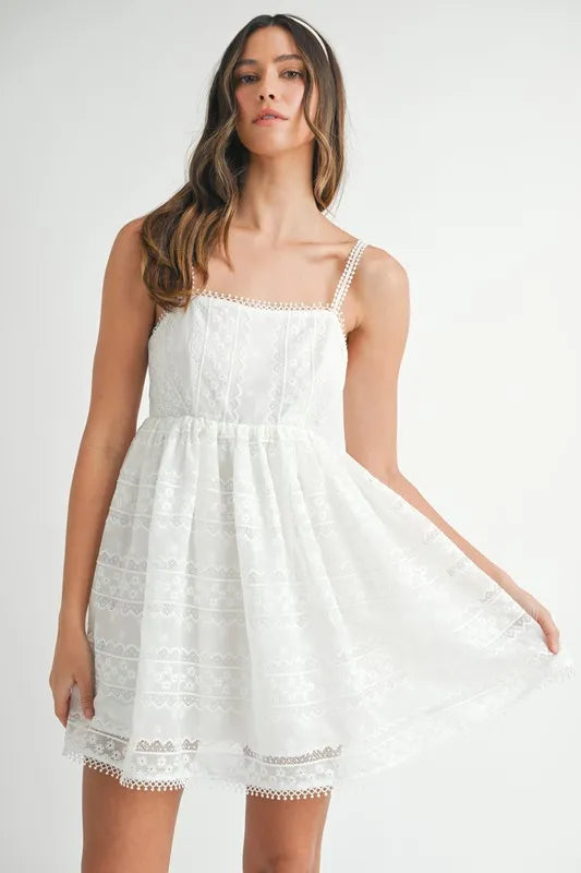 Eyelet Lace Babydoll Mini Cami Dress – Feminine Eyelet Lace Dress, Fluttering, Bohemian Babydoll Silhouette, Breezy Summer Dress, Casual Day Out Dress