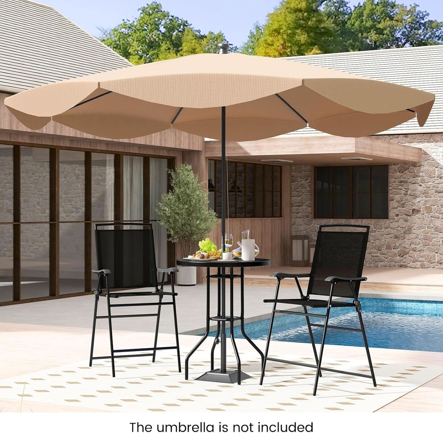 Patio Table And Chairs Set 3 Piece With DPC Tabletop And Folding Counter Height Chairs